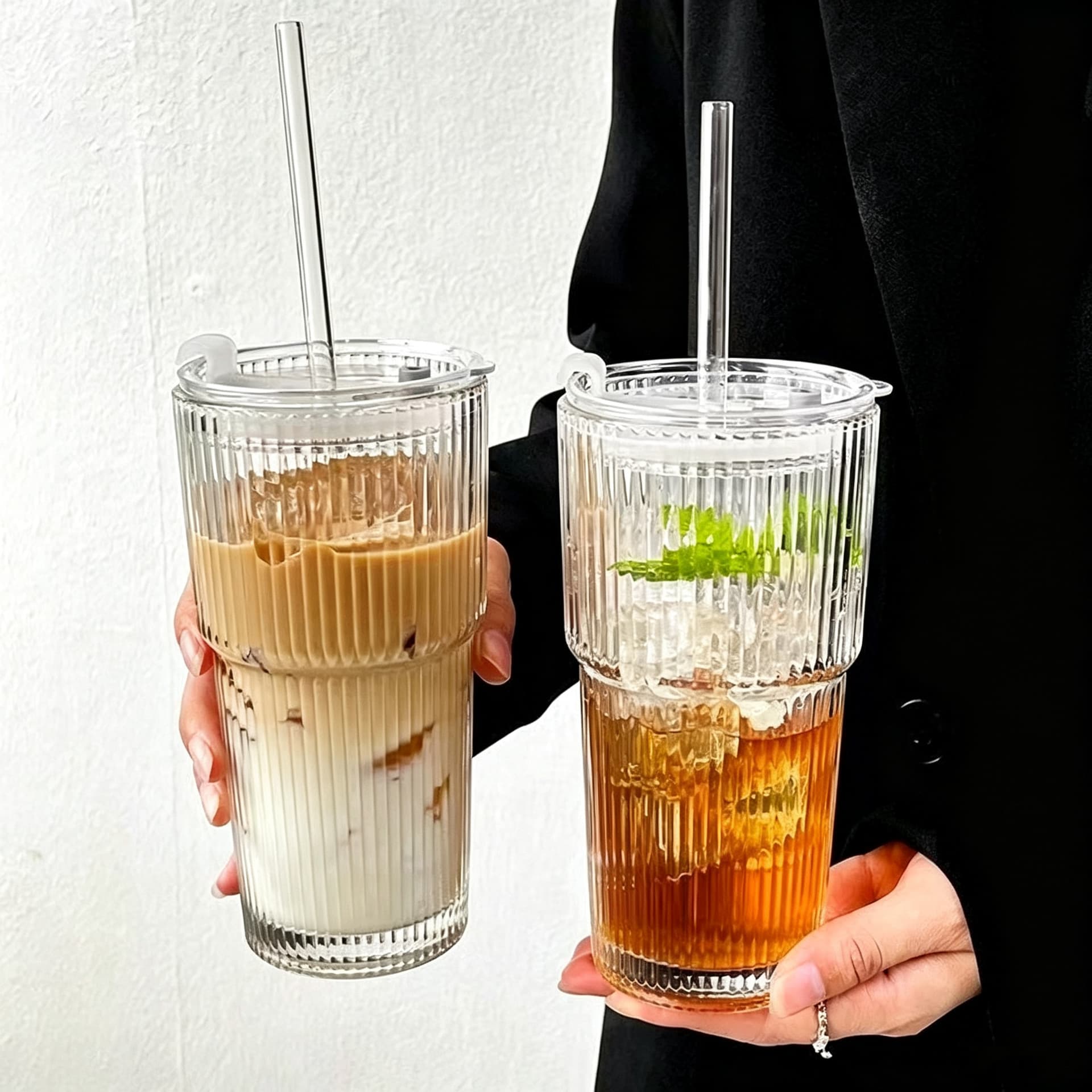 Double drink cup with lid, glass straw, home office, high-looking cold drink juice cup, tall bamboo American coffee cup