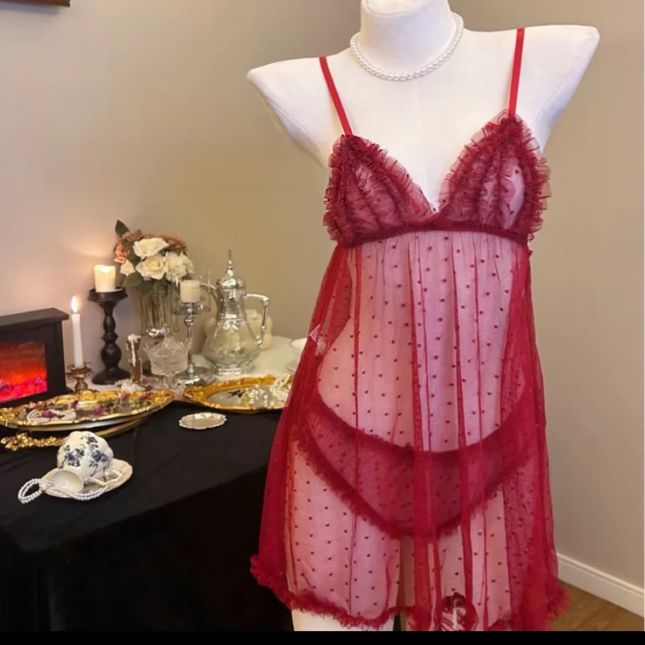 Plus Size Sexy Nightgown for Women, Camisole Sleep Dress, Lingerie, Mesh Lace Semi-Sheer Pure Desire Polka Dot Temptation Dress