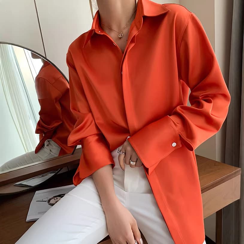 Midnight Shine! Japanese Import Triacetate Satin Shirt Long Sleeve Heavyweight Double-Sided Satin Top