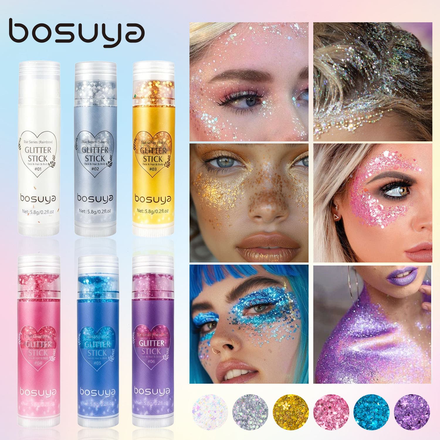 Bosuya Glitter Stick Gel Shimmer Eyeshadow Body Paint Glitter Stick Face Lips Stars