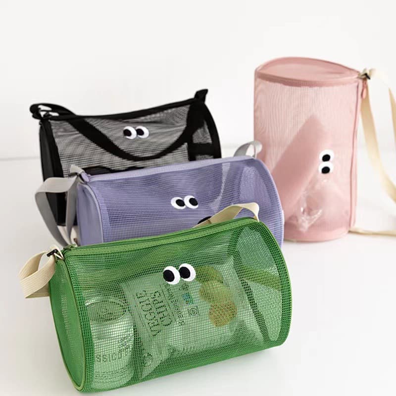 Cylinder Mesh Toiletry Bag Travel Crossbody Beach Swimming Bag Large Capacity Handheld Shower Bath Supplies Storage Bag