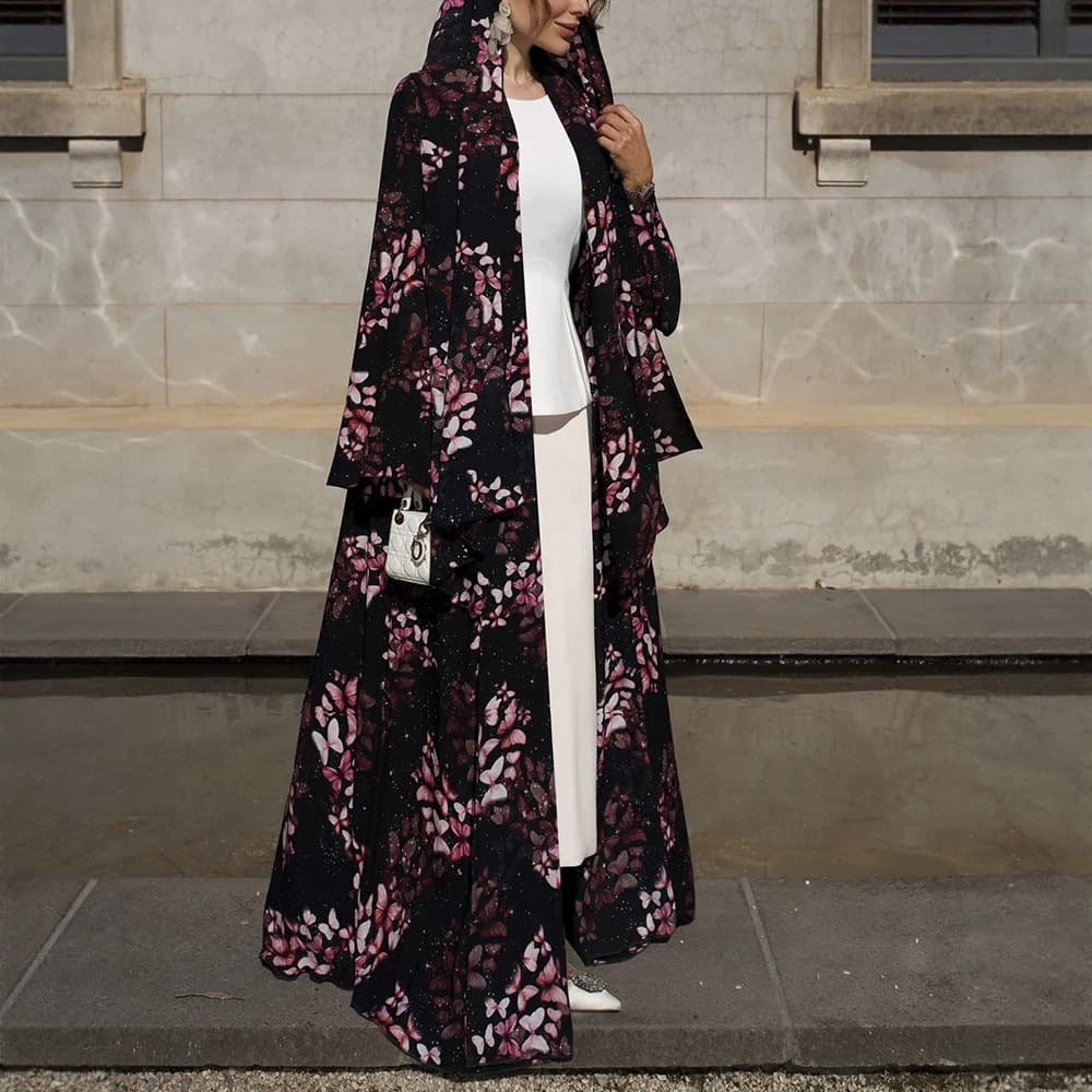 Cross-border European and American modest printed cardigan, dress with headscarf, 2026 spring/summer fashionable women's jacket dress