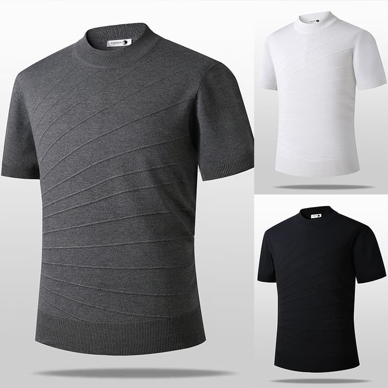 Short Sleeve Knit T-Shirt Men Sculpted Stripe Old Money Style Slim Fit Business Ice Silk Summer Cross-Border Factory Wholesale