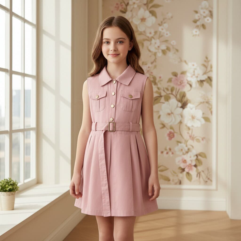 Rantuo Girls Cotton Canvas Dress Korean Style Sleeveless Lapel Dress Fashionable Summer Dress Waist-Cinching INS Hot Style
