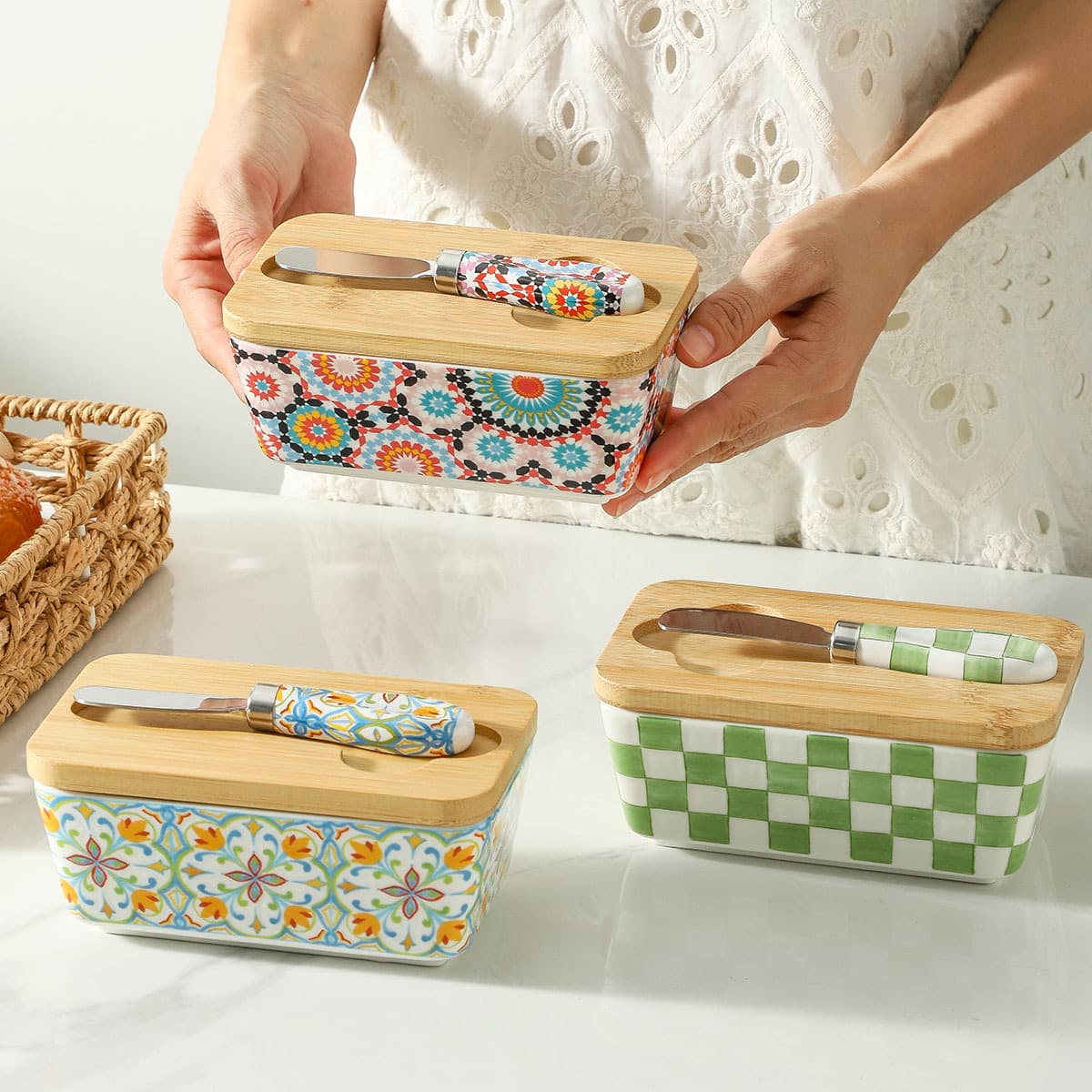 Rustic Ceramic Butter Dish with Lid and Knife, American Style Kitchen Storage Container, Cross-Border Cheese Storage Box Wholesale