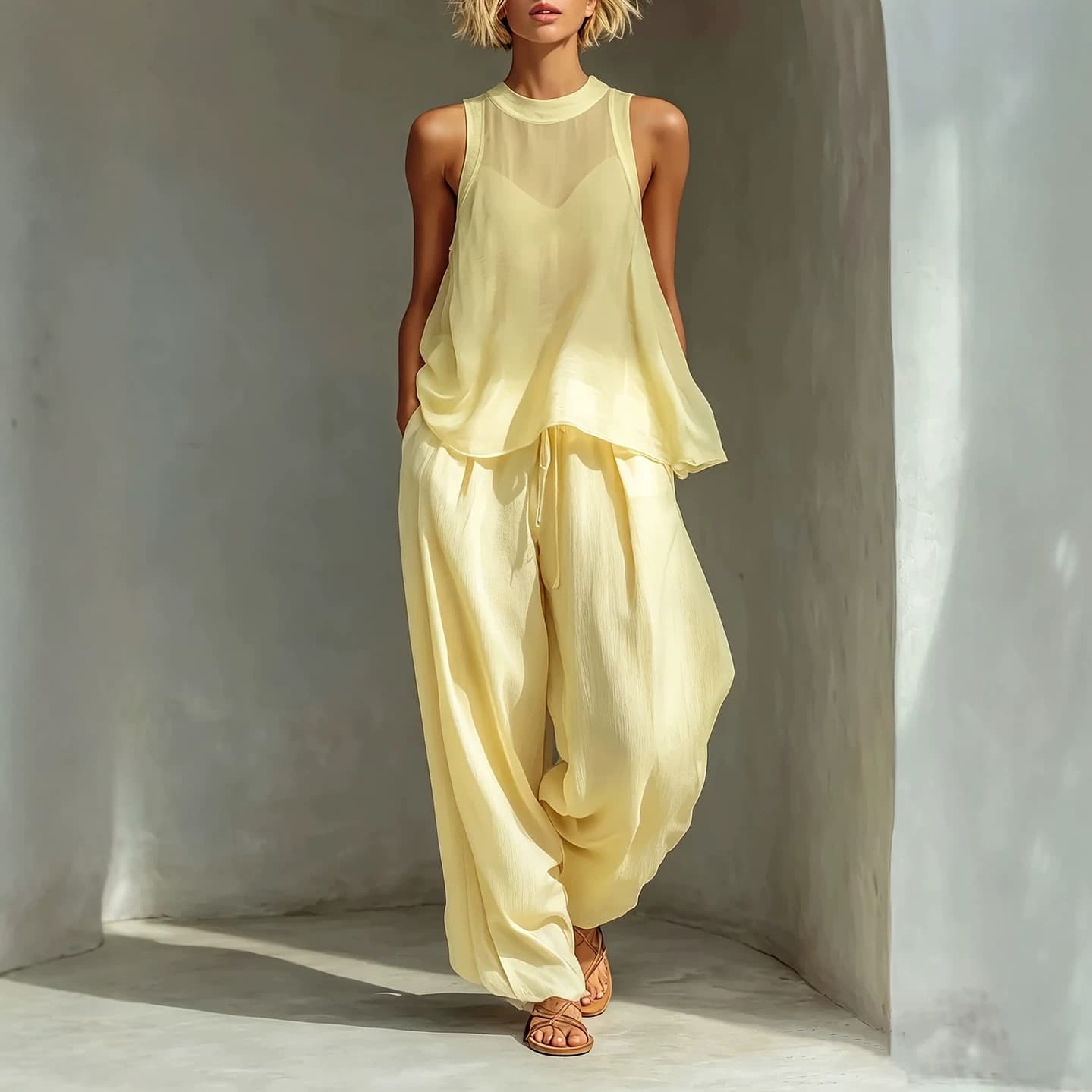 2026 Summer New European and American Independent Station Semi-Sheer Loose Sleeveless Top with Drawstring Wide-Leg Pants Two-Piece Set Women's Clothing