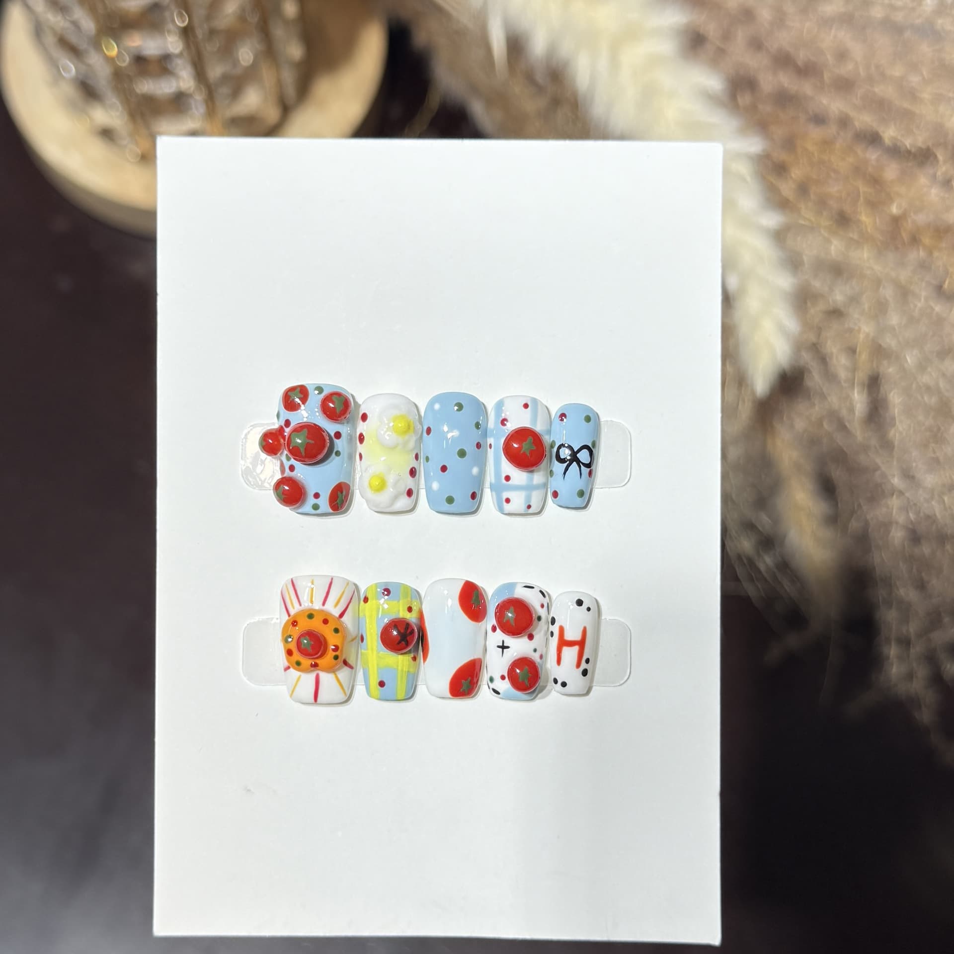 Dairisen [Tomato Scrambled Eggs] Soft Cute Playful Colorful Squishy Nails Premium Handmade Wearable Nails