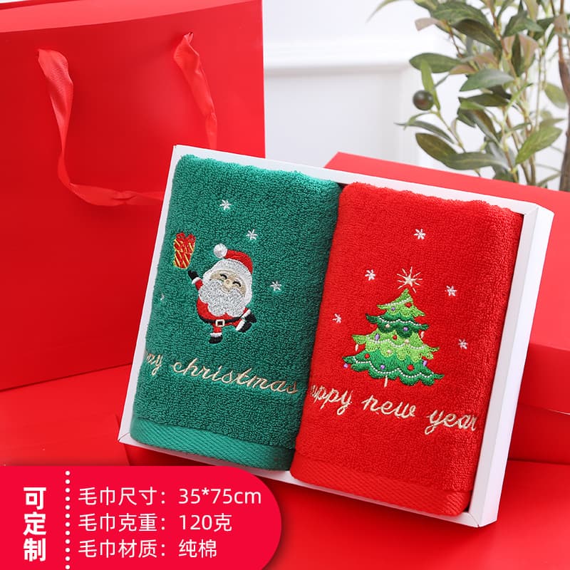 Christmas Towels Gift Towels Pure Cotton Face Towels 2-Piece Gift Box Red Santa Claus New Year Gift