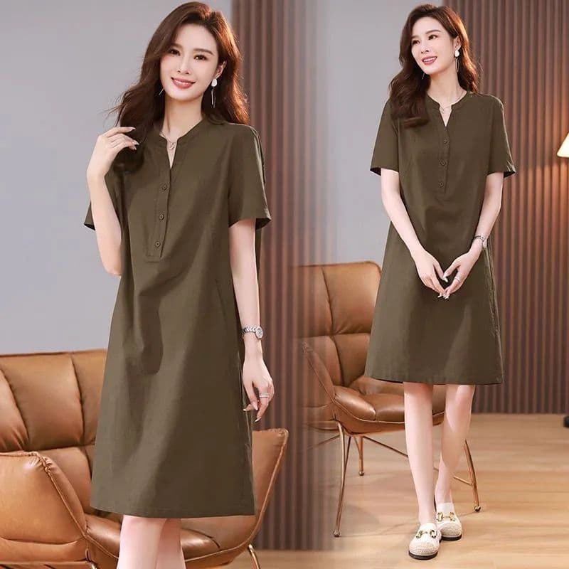 Plus Size Mom Dress 2026 Summer New Style for Chubby Women, Belly-Covering Slimming Mid-Length Half-Open V-Neck Short-Sleeve Dress for Women