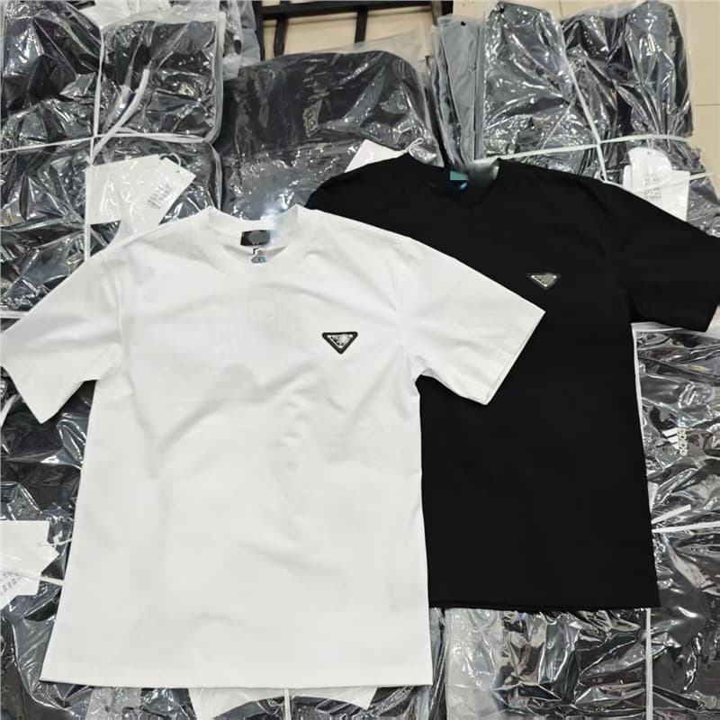 Cross-border source pure cotton regular fit 2025 summer new metal triangle logo high version short sleeve T-shirt unisex
