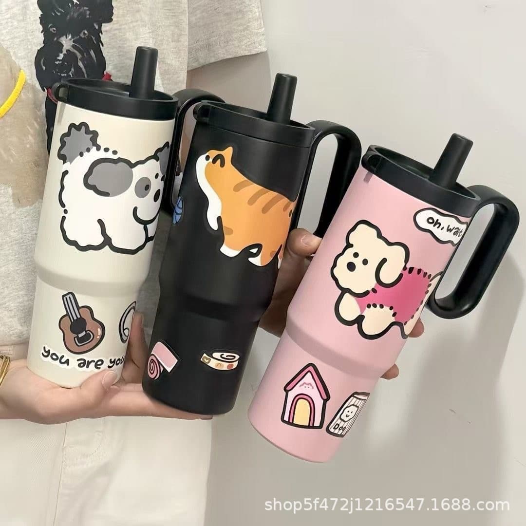Car Handle Ice Tumbler - Stylish, Portable Insulated Cup with Straw for Women, Office Use, Large Capacity, Cross-border