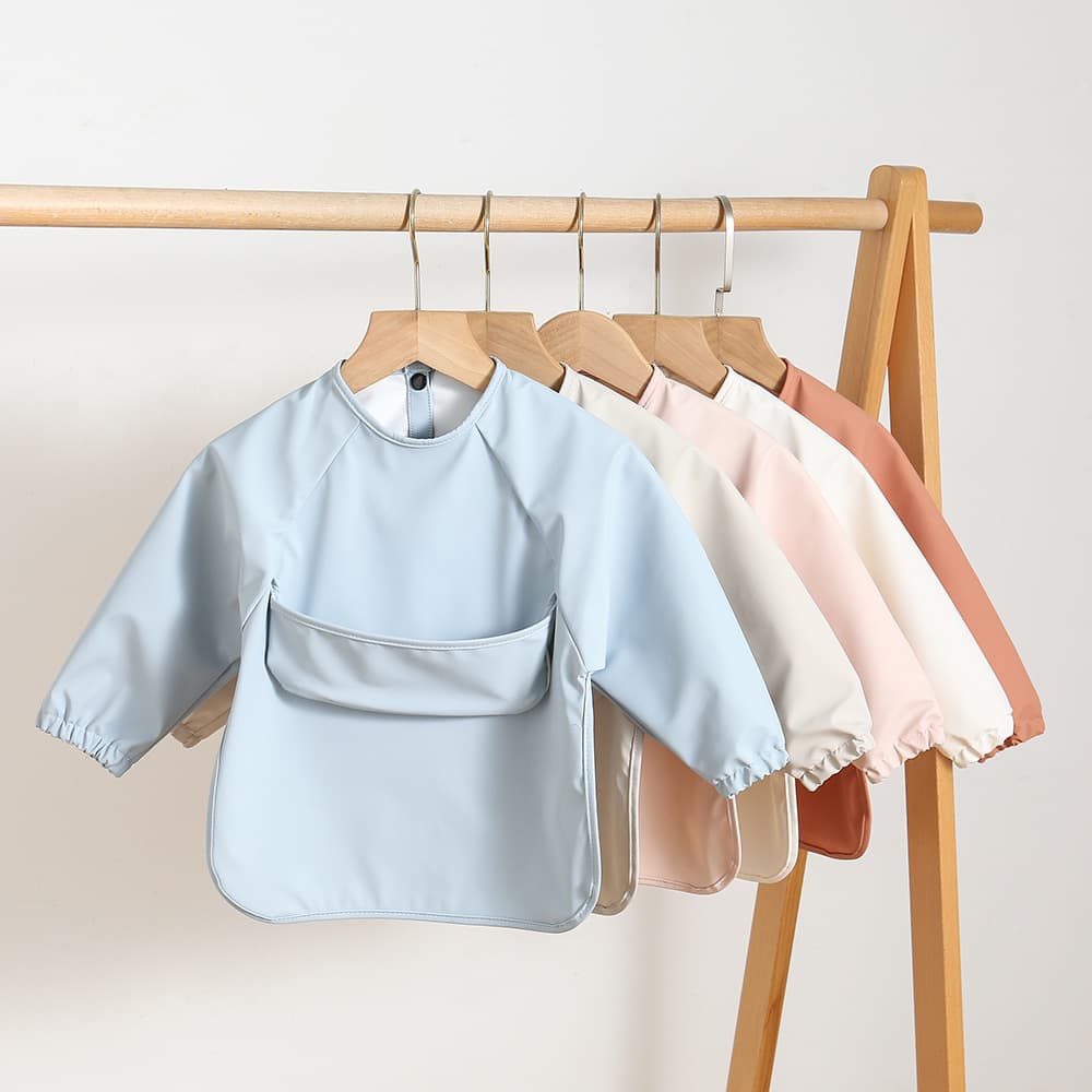Danish Children's Long-Sleeve PU Reversible Apron Baby Eating Bib Ultra-Soft Waterproof Solid Color Bib Anti-Stain Feeding Bib