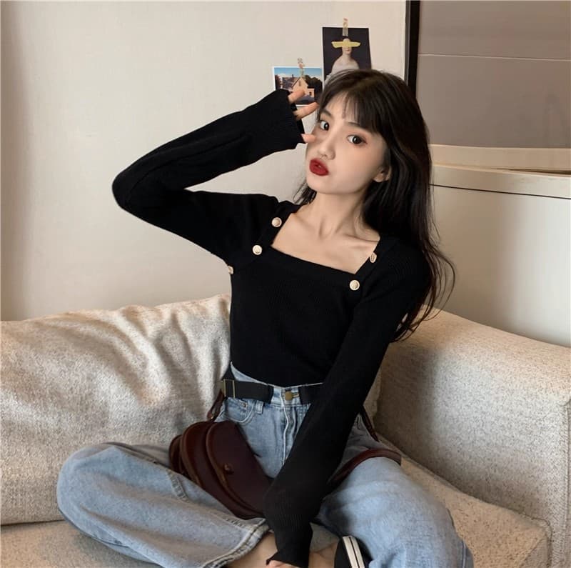 New square neck short knitted sweater inner top autumn and winter new design pure desire long-sleeved bottoming shirt sweater for women