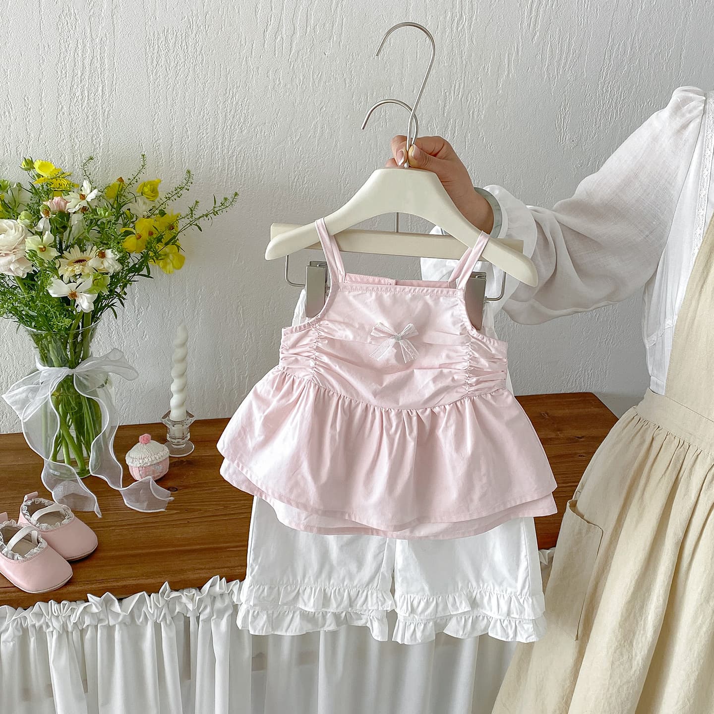 Dianxi baby summer new sweet bow camisole baby casual western style ruffled wide leg pants