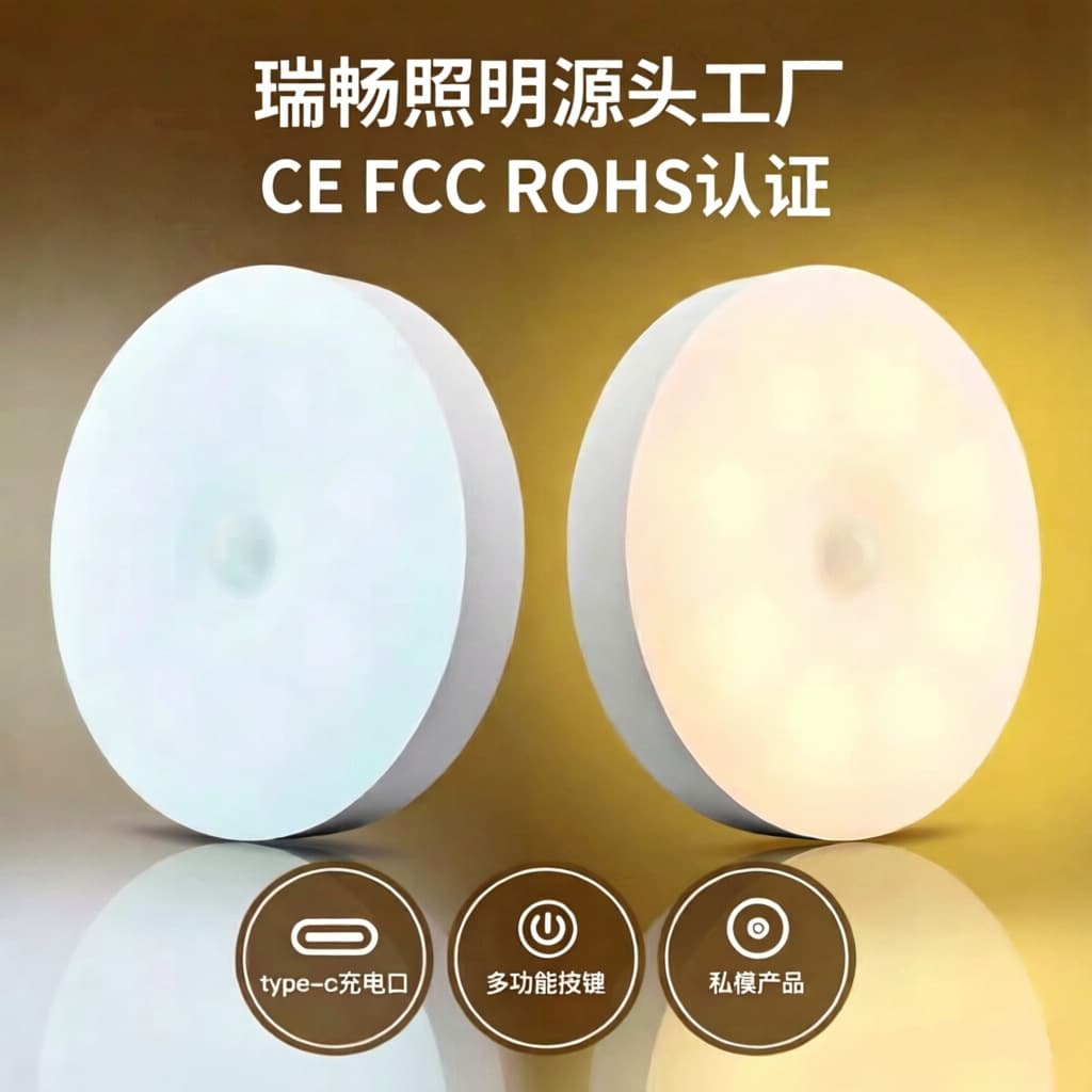 Three-tone dimming LED smart human body sensing night light round charging magnetic wardrobe cabinet aisle light home light