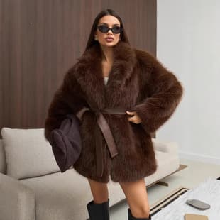 Cross-Border European and American New Russian Imitation Fur Faux Fur Jacket with Belt, Loose Mid-Length Women's Eco-Friendly Faux Fur Coat