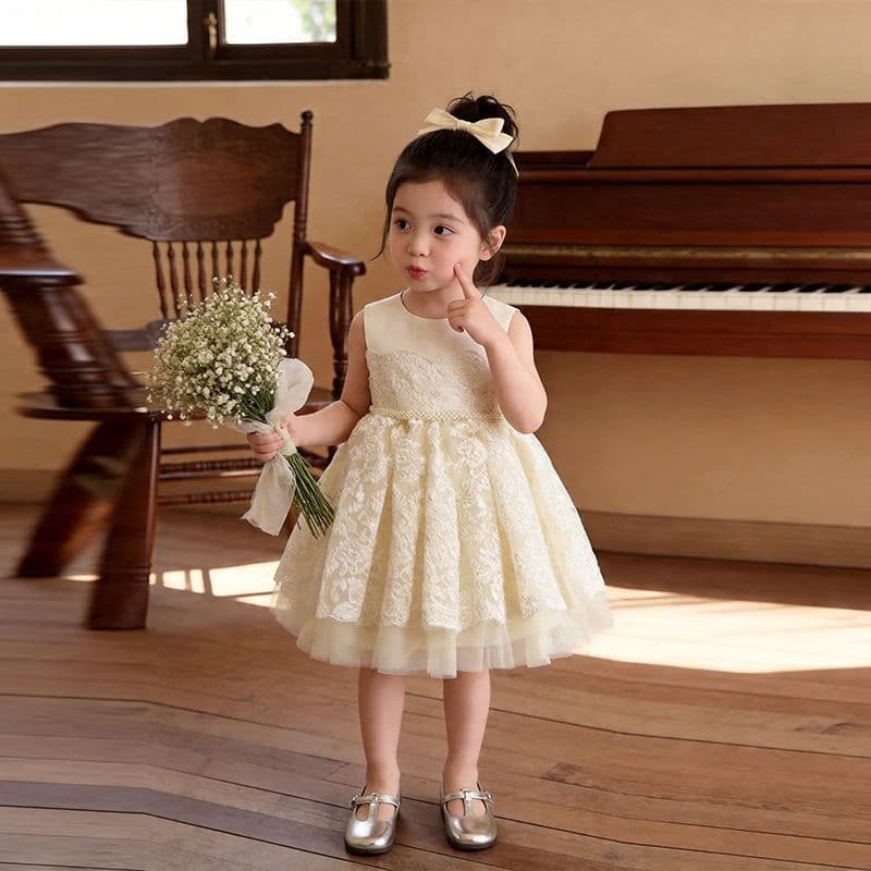 Girls Cream Lace Dress Children's Sleeveless Princess Dress Flower Girl Wedding Dress Birthday Piano Performance Tutu Dress