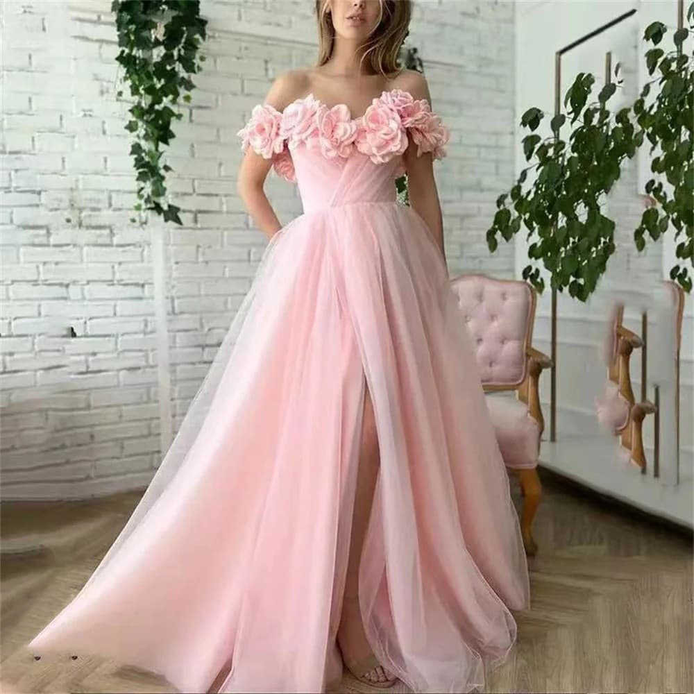 Strapless 3D Floral Evening Gown 2026 Slit Mesh Tulle Skirt Adult Prom Banquet Bride Toast Dress
