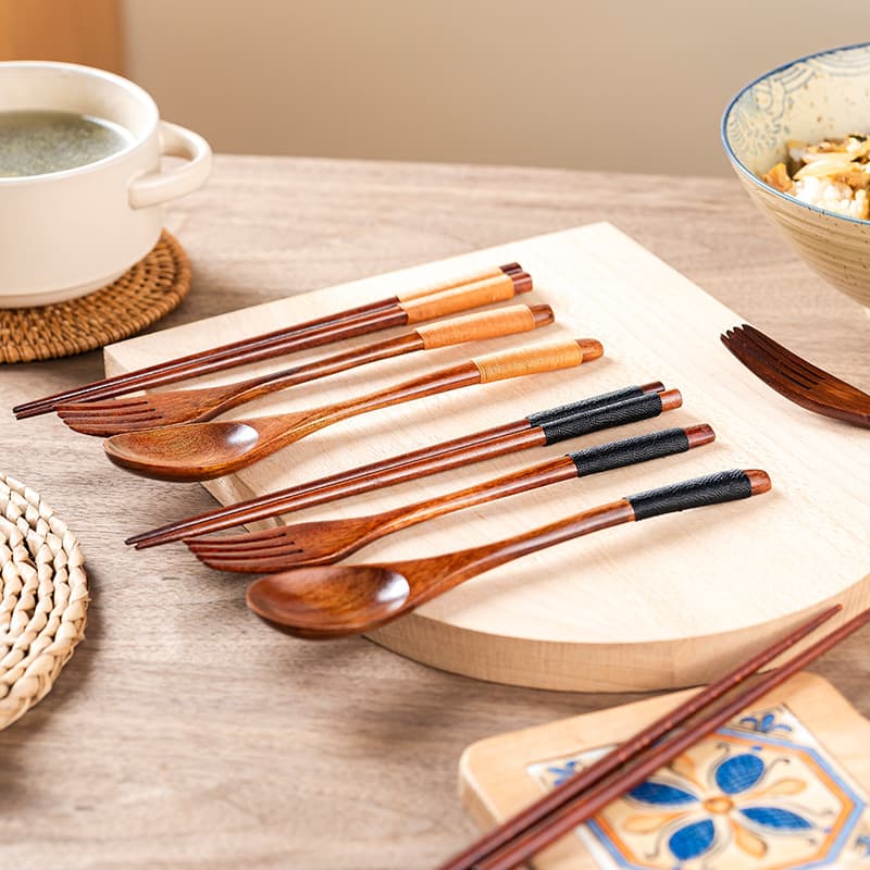 Vintage Portable Spoon Chopsticks Fork Three-Piece Set Wooden Utensils Wooden Spoon Household Chopsticks Spoon Fork Set Nammu Wood