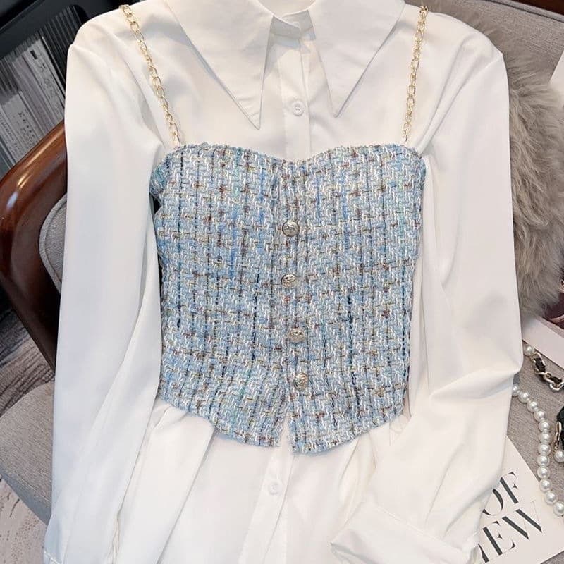 Chanel-style check print cami top for women, spring/summer new arrival, designed for outerwear, niche white shirt two-piece set