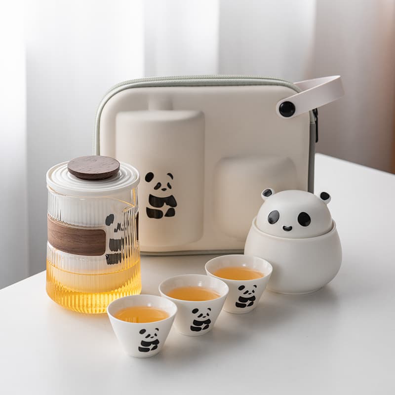 Panda Kung Fu Tea Set - Portable Travel Tea Cup Set with Brewing Pot and Quick Cup, Premium Business Gift