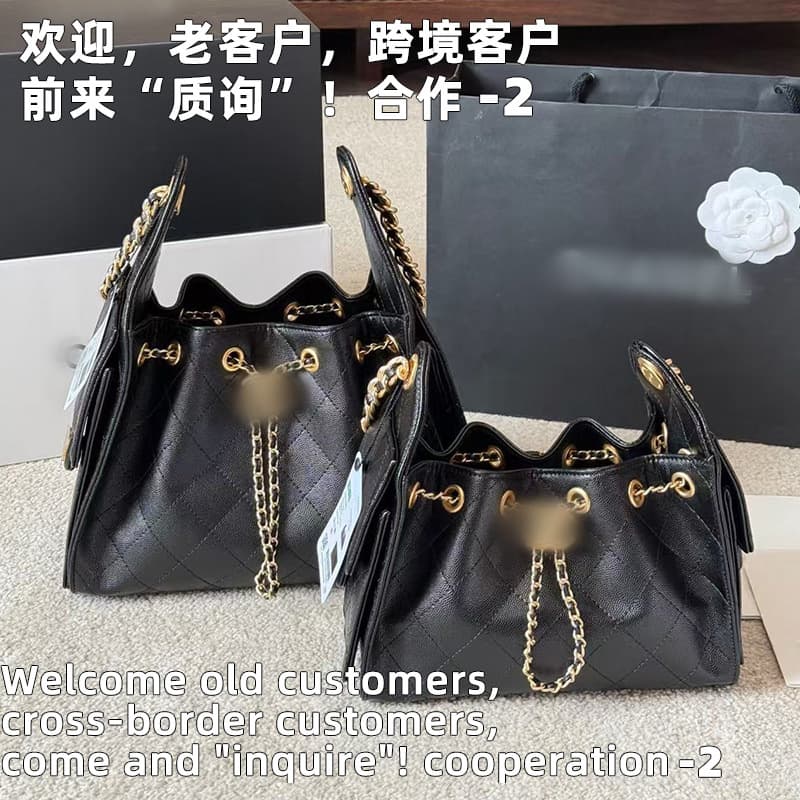 Cross-Border Direct Supply Caviar Bucket Bag with Diamond Pattern Chain, Shoulder Bag, Genuine Leather Handbag for Women, Fashionable