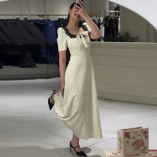 2026 Summer European and American Amazon Cross-border Women's U-neck Lace Trim Slim Elegant Polka Dot Dress
