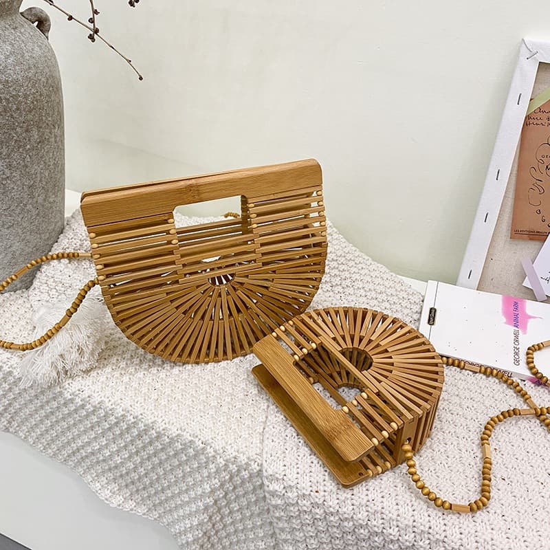 Trendy Ins Hollow Woven Women's Bag 2026 Summer New Fashion Crossbody Bamboo Weave Half-Moon Handbag Beach Bag