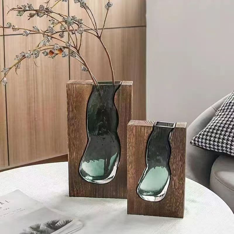 Nordic New Solid Wood Transparent Glass Vase Wholesale Home Designer Decoration Hotel Model Room Ornament