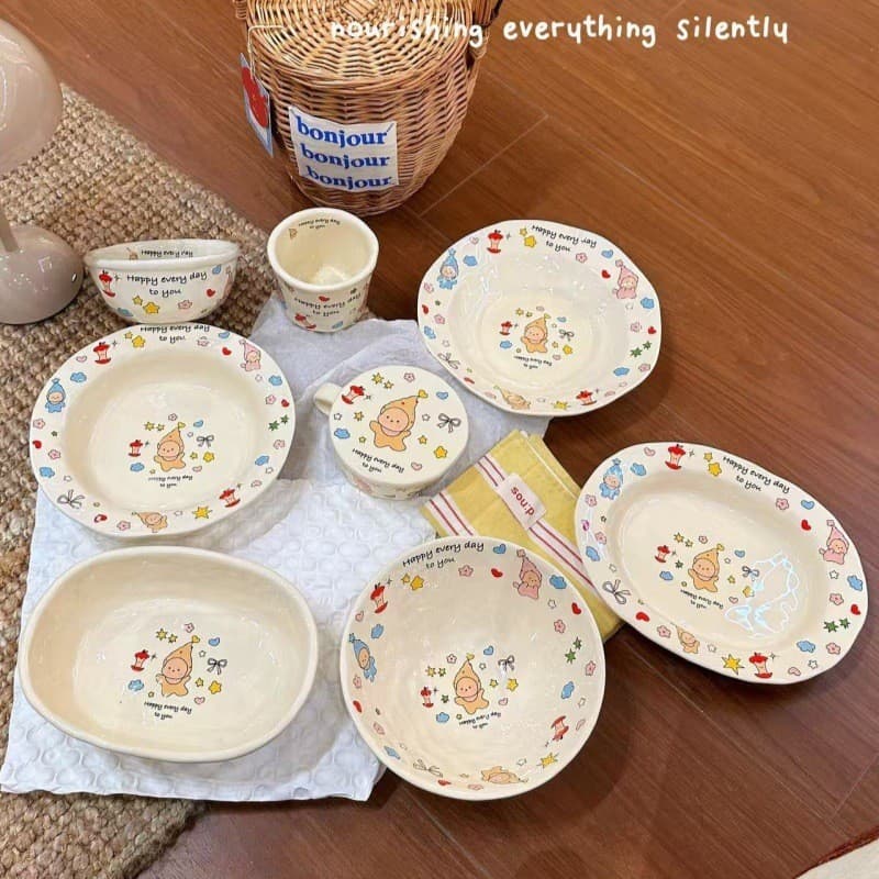 Cute Star Pattern Ceramic Tableware Set - Large Soup Bowl, Rice Bowl, Yogurt Bowl, Salad Bowl, Fruit Bowl, Breakfast Plate