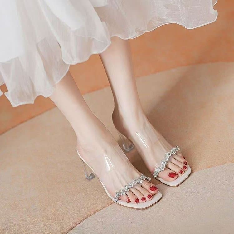 Women's One-Strap Block Heel Sandals Summer 2026 New Fairy Style French Rhinestone Crystal Transparent High Heels