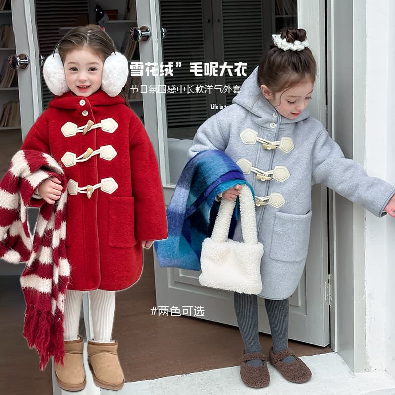 [Fleece-Lined & Thickened] Girls' Korean Style Fashionable New Year Design Elegant Mid-Length Hooded Wool Blend Coat