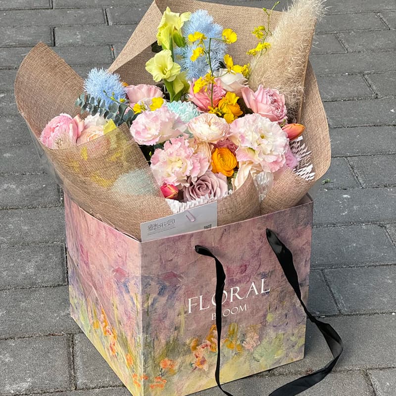 New Oil Painting Style Handbag, Internet Celebrity Flower Gift Bag, Square Gift Bag, Valentine's Day Gift Bag Wholesale