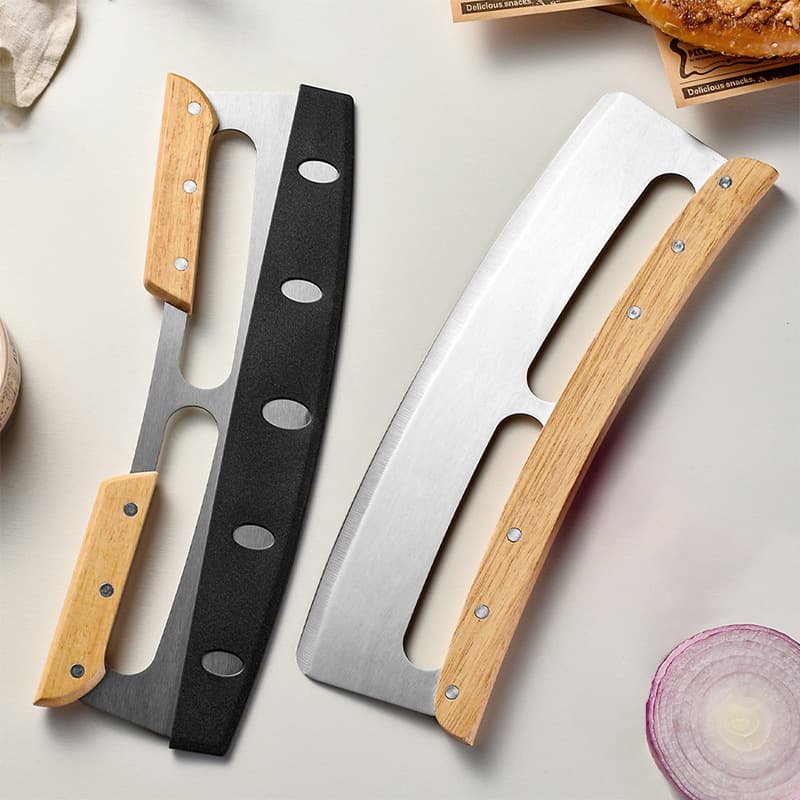 Pizza Cutter Wooden Handle Curved Blade Stainless Steel Pizza Cutter Half-Moon Dough Cutter Baking Tool Pizza Cutter