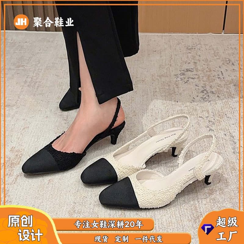 Chanel-style stitched mid-heel women's shoes woven closed-toe open-back square-toe chunky heel sandals fabric upper French breathable