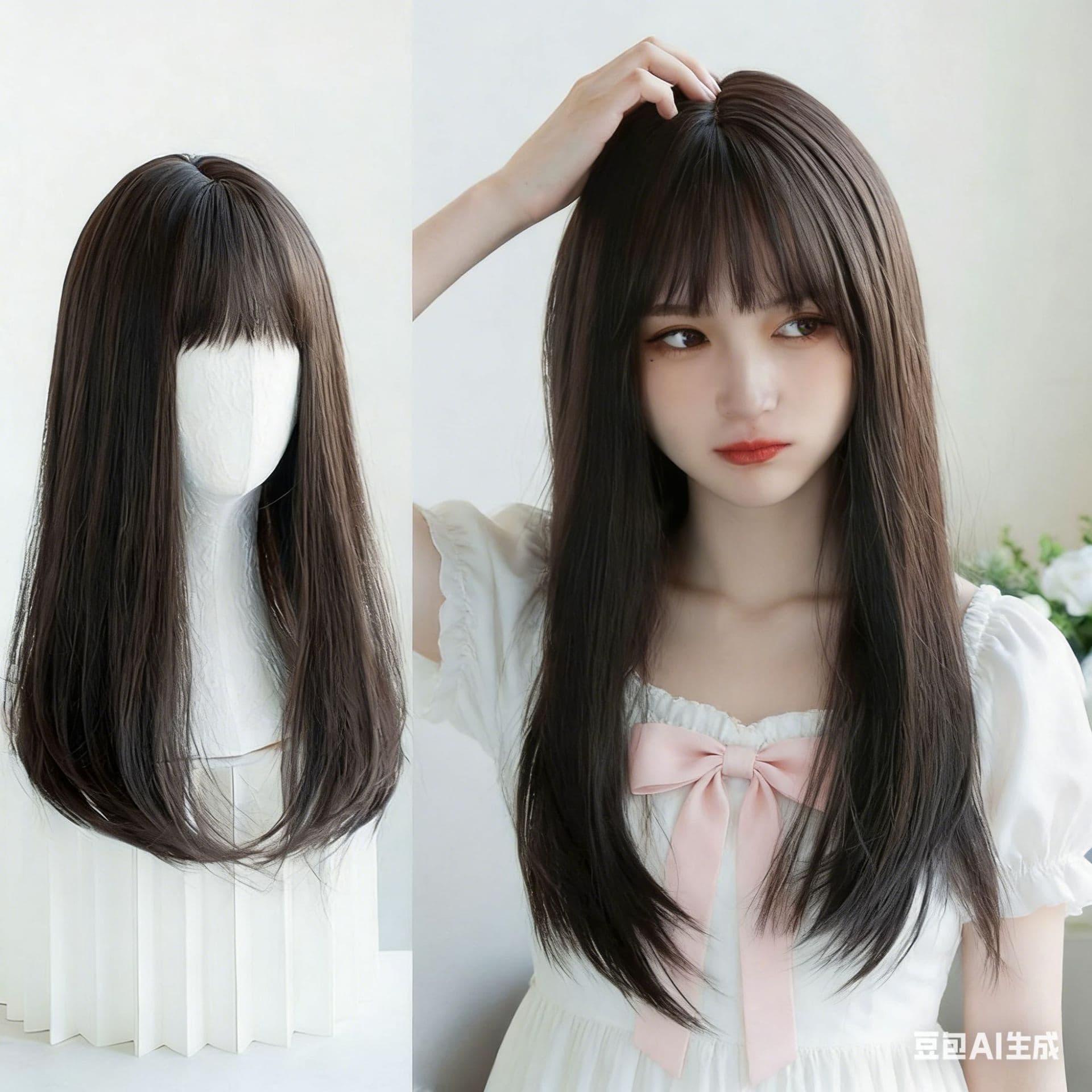 Fluffy clavicle medium length face wig natural full hair bangs round face female long straight hair wig short hair long hair air
