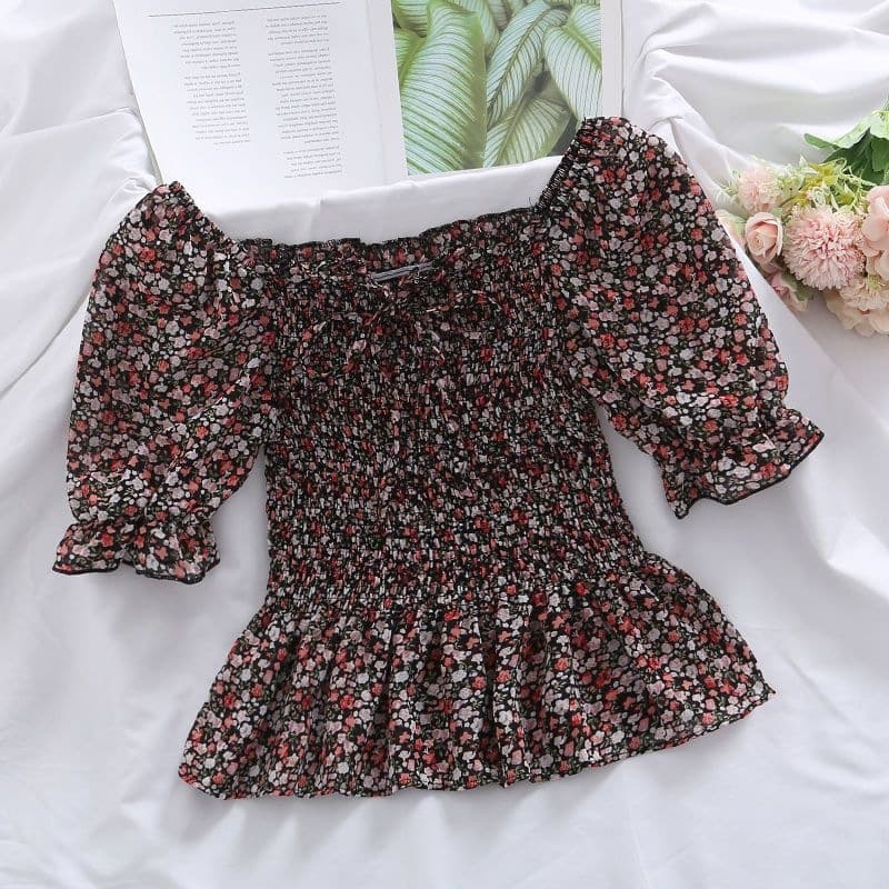 Women's Summer Puff Sleeve Chiffon Blouse New Design Square Neck Shirt T-Shirt Elastic Fitted Top