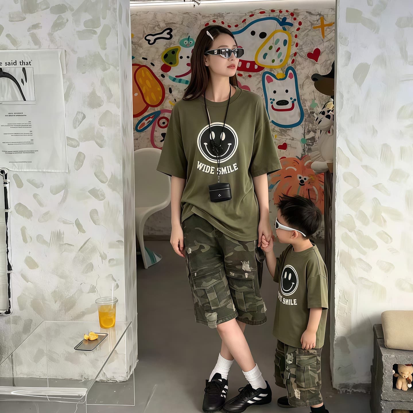 Cool summer new trendy family matching smiley loose short-sleeve T-shirt for three, mother-child and mother-daughter outfit