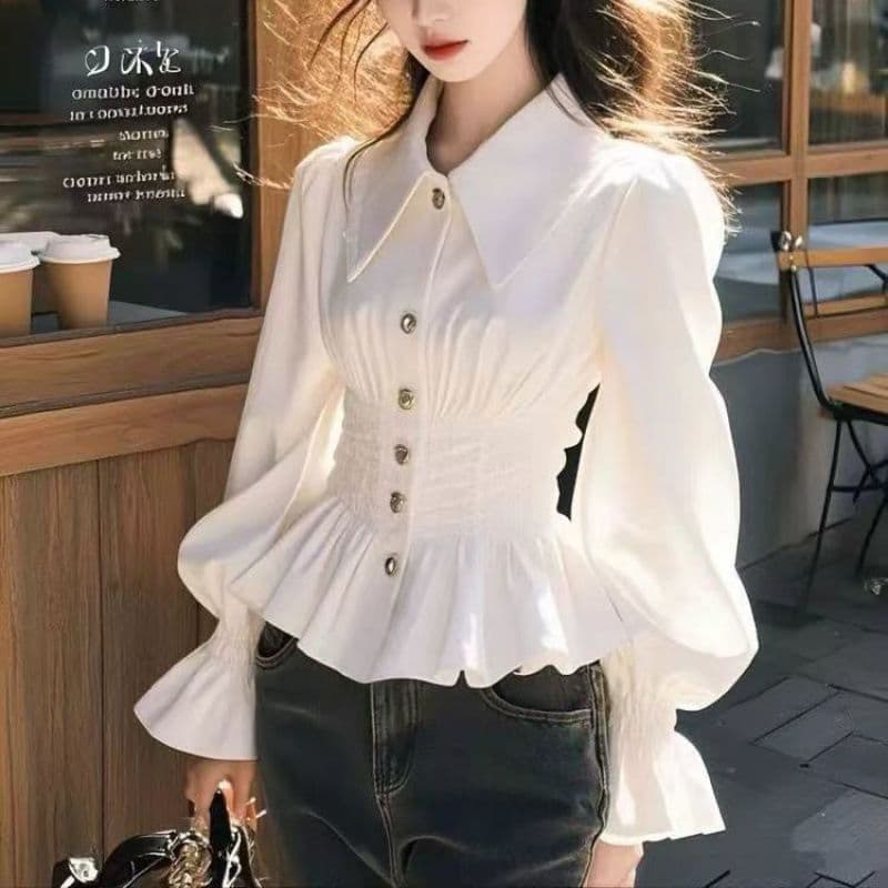 White Long-Sleeve Blouse for Women Spring Autumn New Fitted Waist Lantern Sleeve Fashionable Unique Shirt