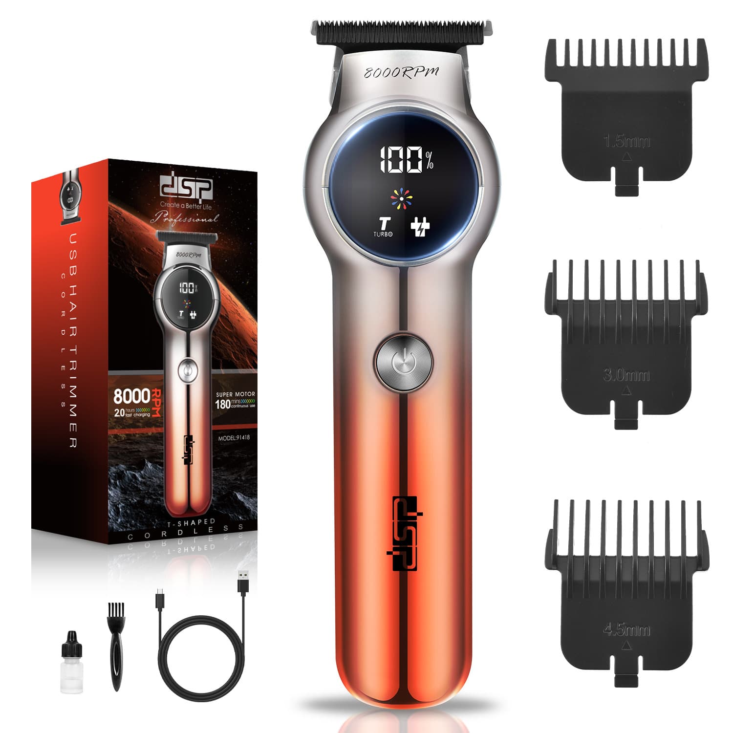 DSP Dan Song Electric Hair Clipper Salon LED Digital Display Razor Type-C Hair Trimmer Electric Push Trimmer Non-Waterproof Stainless Steel Blade
