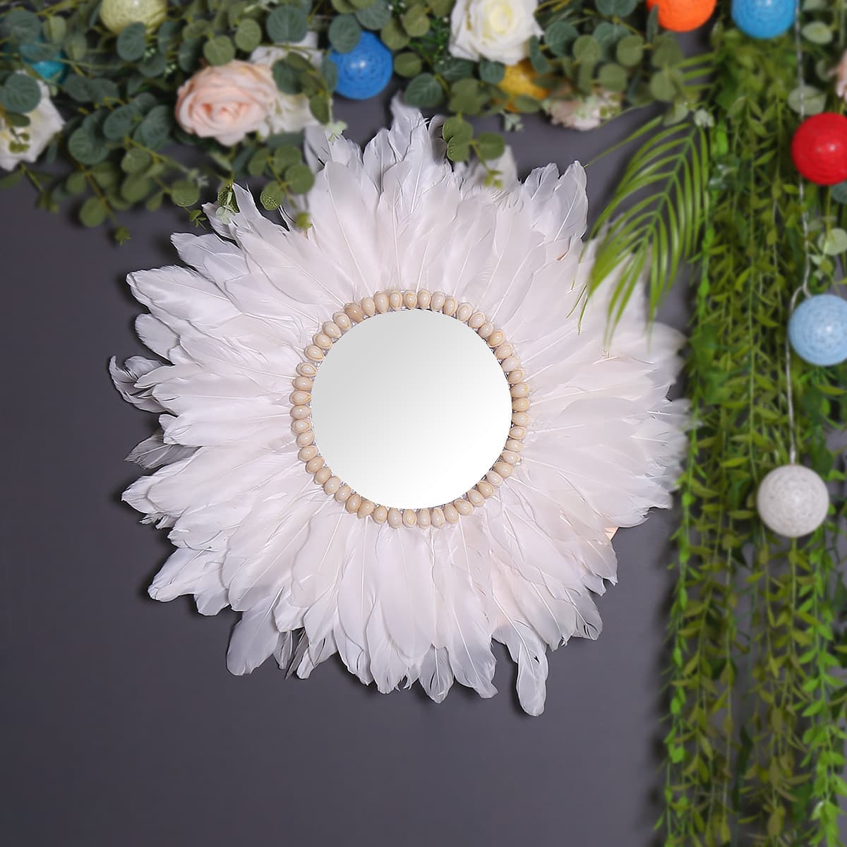 Wedding Room Decorative Mirror, New Home Bohemian Handwoven Decorative Mirror, Creative Background Feather Decorative Mirror