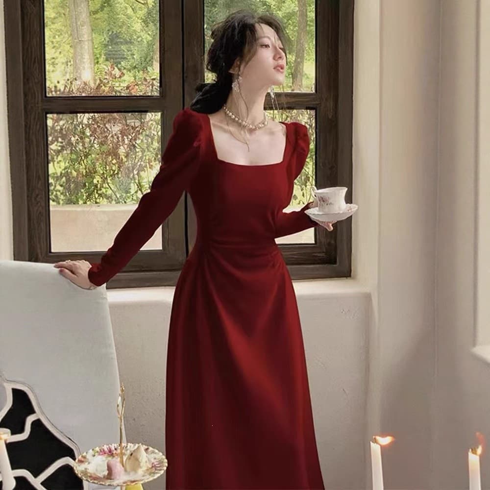 Red long-sleeved dress for women, spring and autumn French engagement dress, bride's toast dress, red dress, long dress can be worn at ordinary times
