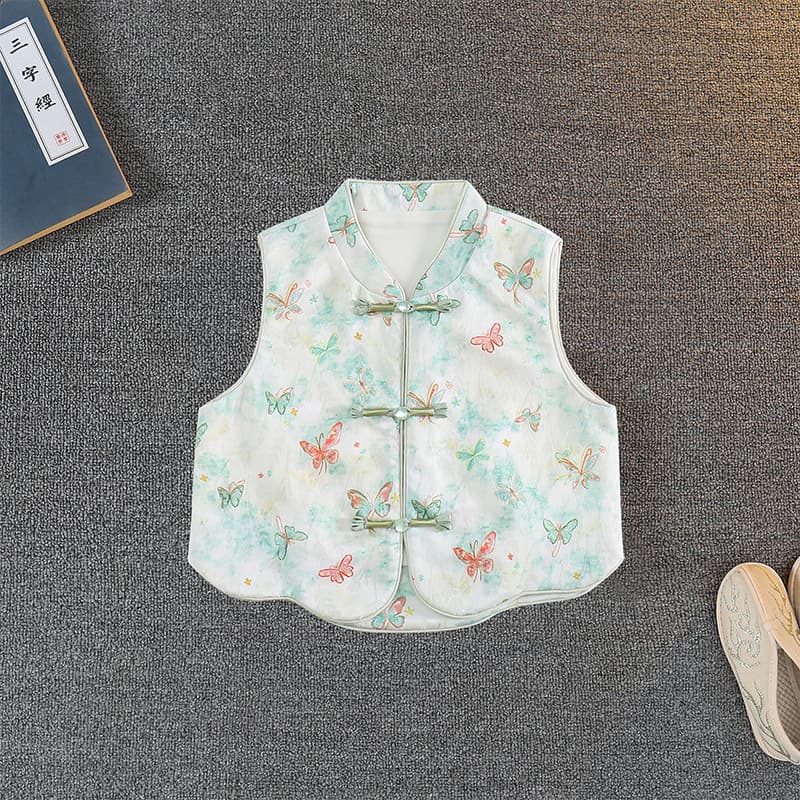 Chinese Style New Modified Vest for Girls, Spring and Autumn Thin Vintage Printed Cheongsam Sleeveless Vest with Frog Buttons