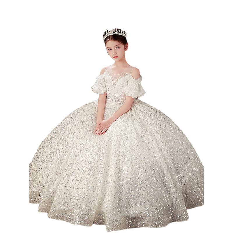 2026 New Children's Princess Dress White Sequins Host Dress Girls Catwalk Performance Dress Wholesale