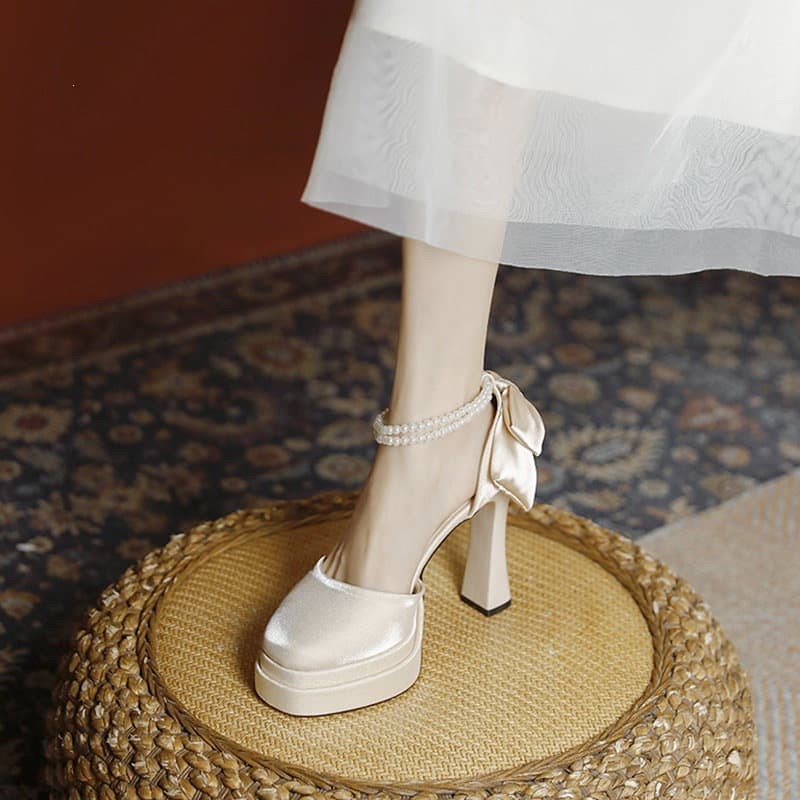 Elegant Wedding Shoes for Women, Chunky Heel High Heels Comfortable, Waterproof Platform Hollow Sandals, French Chic Style for Dresses, Bridesmaid Shoes