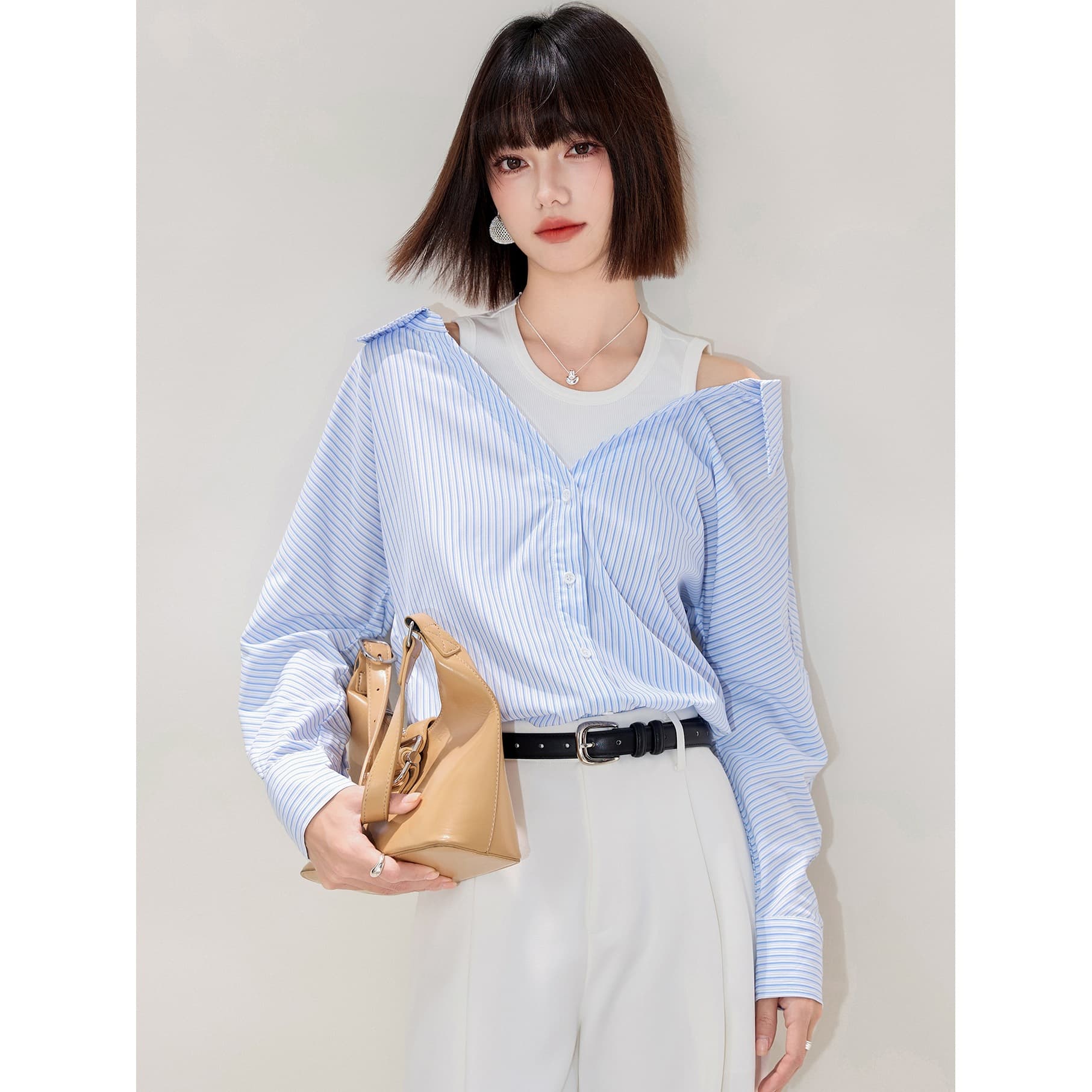 Designer Off-Shoulder Faux Layered Shirt, Women's Loose Fit Blouse Top