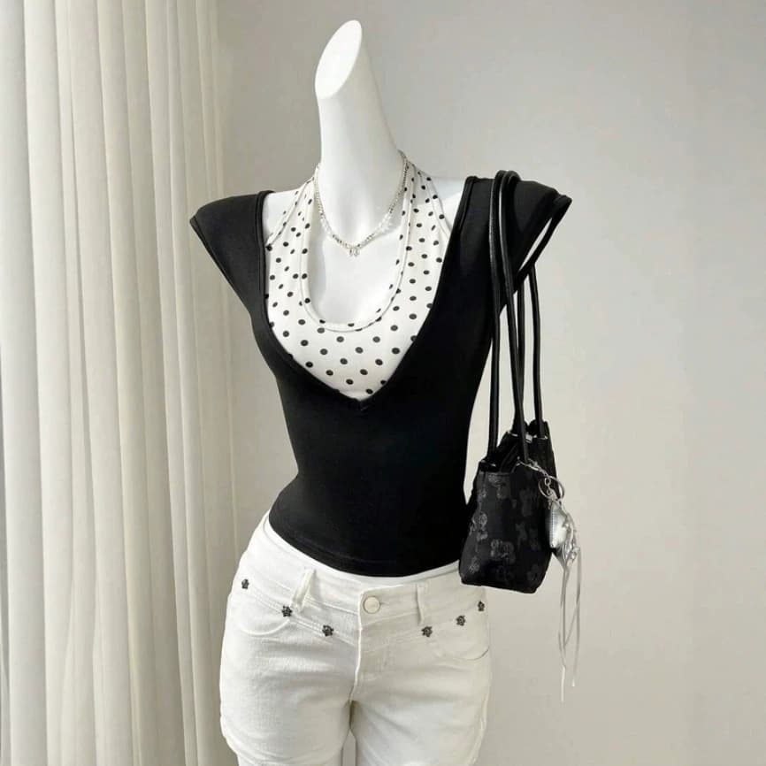 ZT8640 polka dot splicing halter neck suspender fake two-piece T-shirt summer design U-neck slimming short top