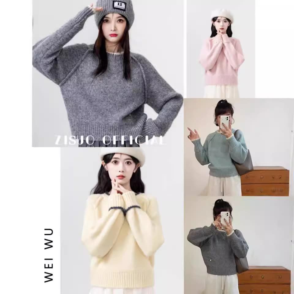 Korean Style Cropped Grey Sweater Women's Autumn/Winter 2024 New Idle Style Thickened Round Neck Inner Knitted Top Pullovers