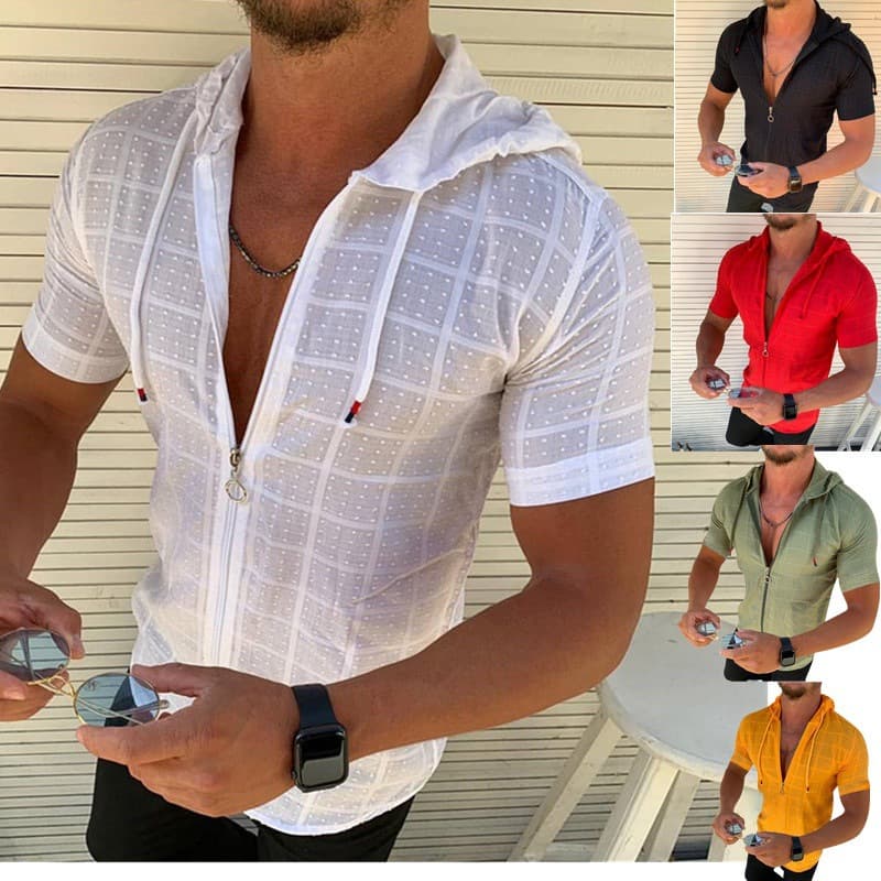 2025 New Amazon European and American Fashion Men's Short Sleeve Hooded Zipper T-Shirt