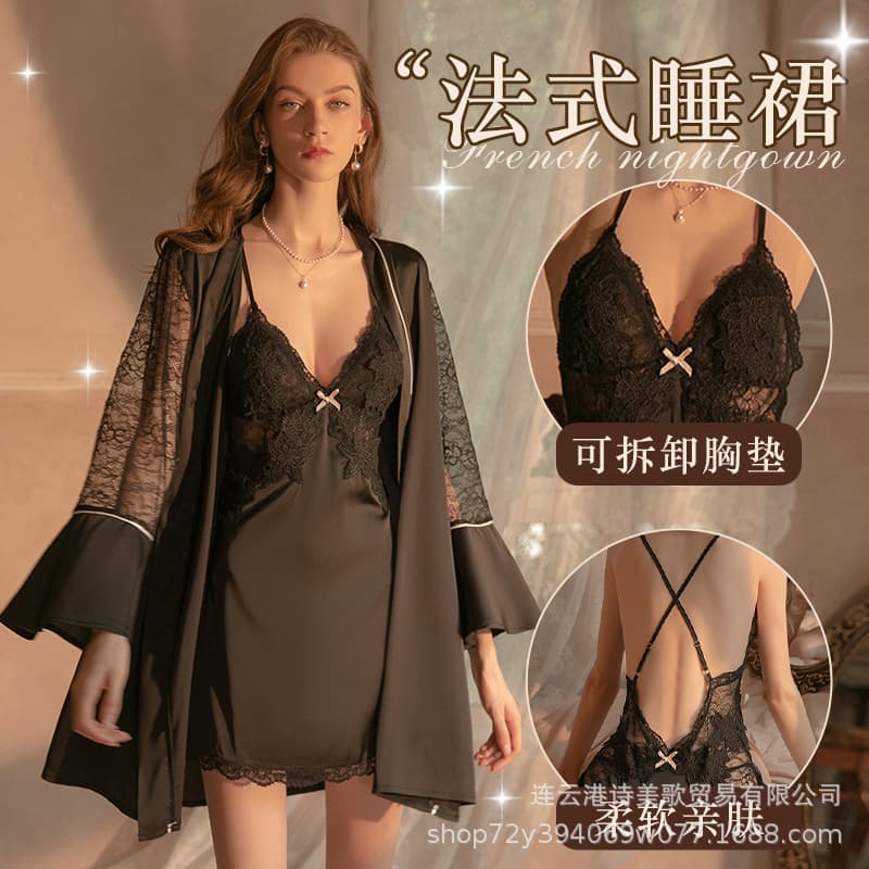 Sexy Plus Size Autumn Winter Sleepwear Dress with Chest Pad Women's High-End French Style Sensual Robe Fun Adult Toy